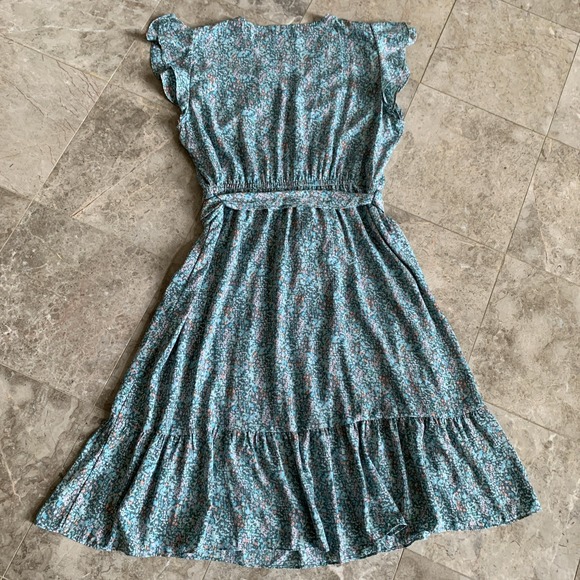 Lauren Conrad Women's Floral Flutter Sleeve Faux Wrap Midi Dress Ruffle Hem Line - Picture 8 of 8